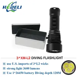 Дайвинг фонарик светодиодный супер яркий фонарь Подводные 120 m Водонепроницаемый diver факел 3xcree XML-L2 погружения света аккумуляторная 26650