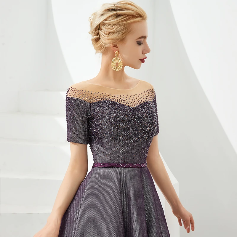 Vestidos De gala Largos длинные платья с короткими рукавами для выпускного вечера с глубоким вырезом изящные вечерние платья, украшенные бисером халаты De Soiree со шнуровкой сзади