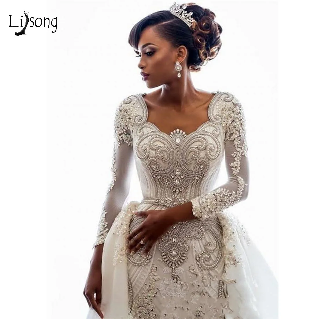 

Luxury Gonna Shiny Crystal Wedding Dresses 2019 Full Sleeves Beaded Lace Bridal Gowns Detachable Train Robe De Mariee