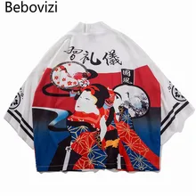 Bebovizi 2019 Streetwear Japan Ukiyo-e Geisha Printed Kimono Harajuku Japanese Style Casual Thin Coats Men Cardigan Jackets