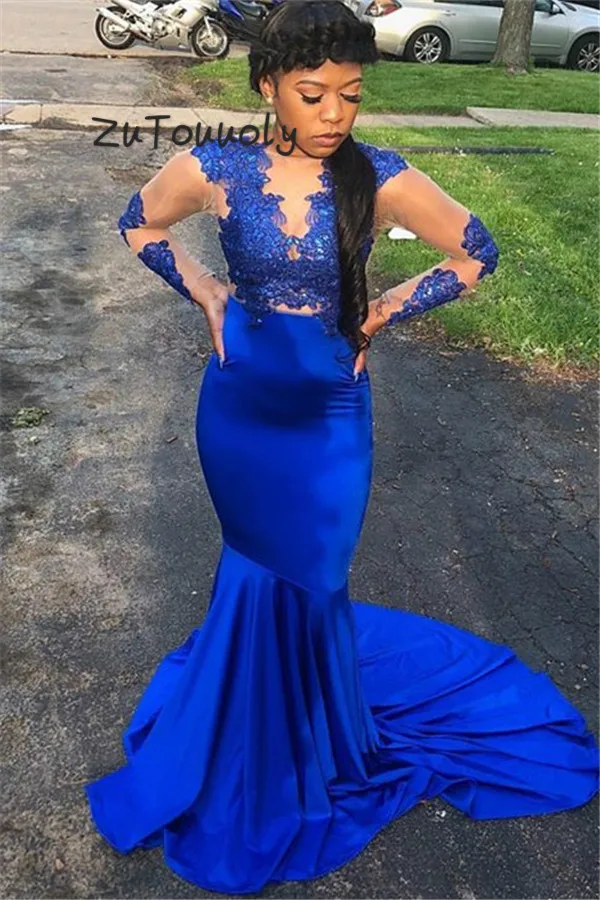 Beautiful Royal Blue Mermaid Evening Dress With Sleeves Tight African Black Girls Prom Dress 2019 Satin Lace Evening Dress Long