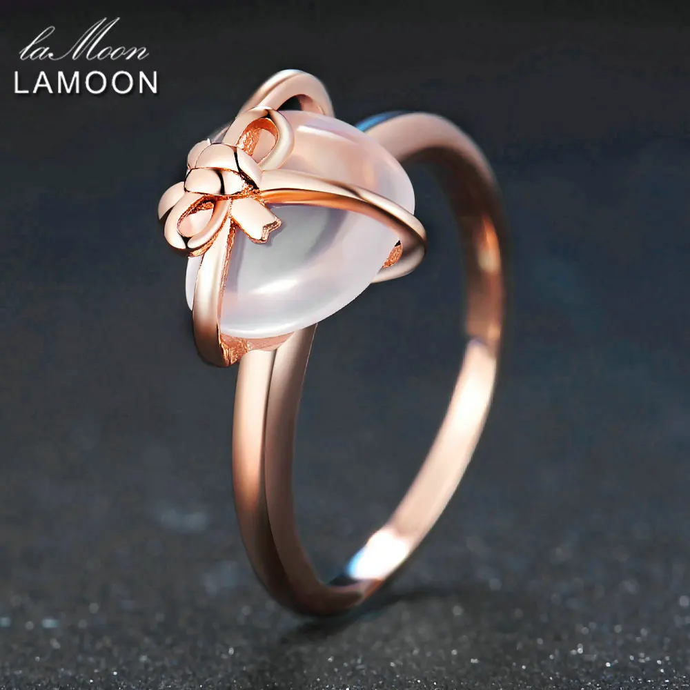 LAMOON Heart 9x10mm 100% Natural Gemstone Rose Quartz 925 Sterling Silver Jewelry Wedding Ring with LMRI051