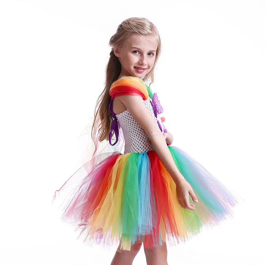 Girls Circus Fancy Clown Tutu Dress with Bow Children Handmade Rainbow Tulle (5)