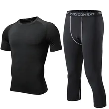 Мужской комплект спортивной одежды из 2 предметов, одноцветная футболка с коротким рукавом, быстросохнущая футболка, укороченные штаны, мужские колготки с коротким рукавом F