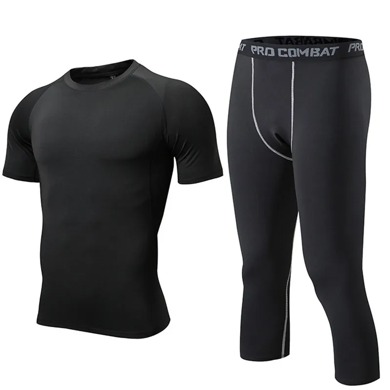 

Men 'S Sports Clothes Set 2 PCs Solid Color Shorts Sleeve Quick drying T Shirt, Cropped Pants Movement tights Men Short Sleeve F
