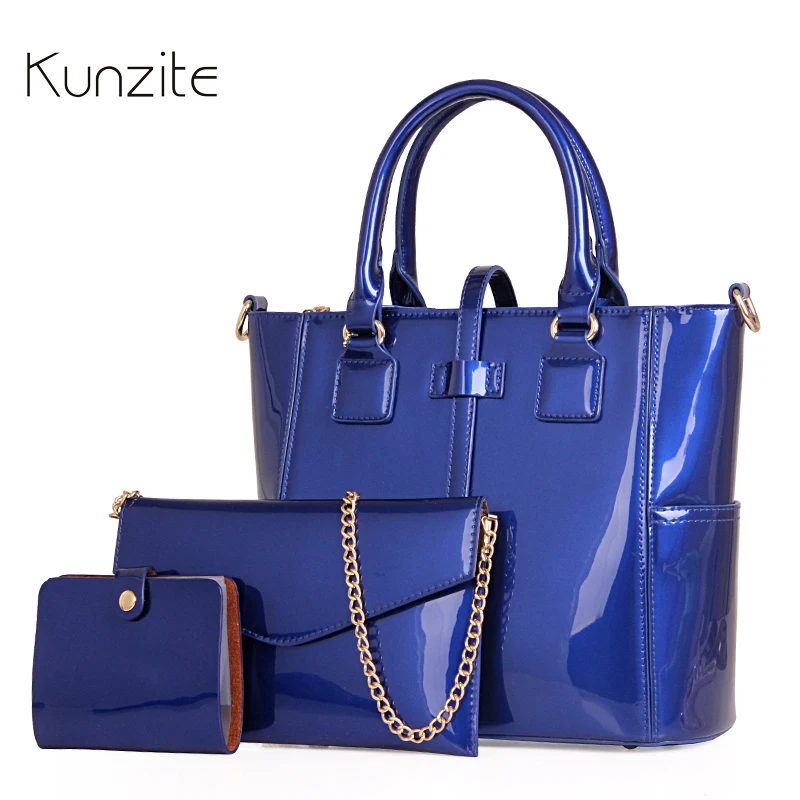 

KUNZITE Luxury Patent Leather Handbags For Women 3 Bags Set Fashion Designer Ladies Portable Bag+Messenger Bag+Purse Daily Bolsa
