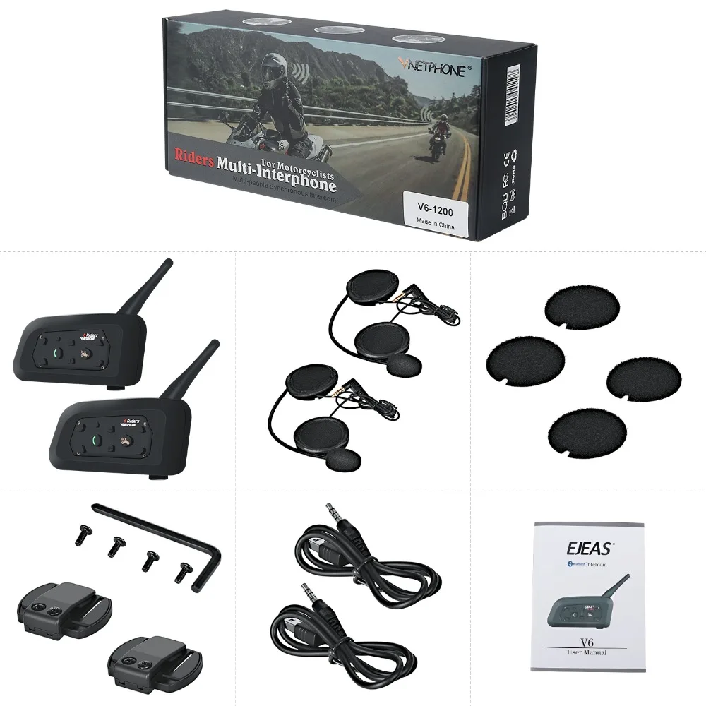 

2 pcs V6 Helmet Intercom 6 Riders 1200M Motorcycle Bluetooth Intercom Headset walkie talkie Helmet BT Interphone