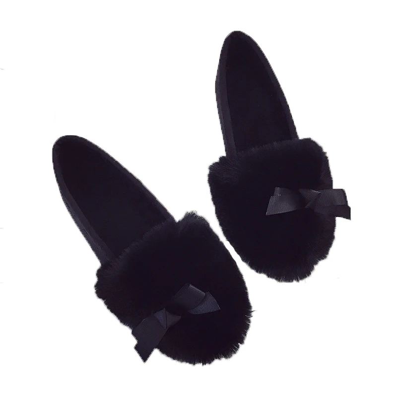 

New Shallow Mouth Single Shoes Women Casual Bow Fur Women's Flat Shoes Autumn Winter Models Home Comfortable Fashion Flat Shoes
