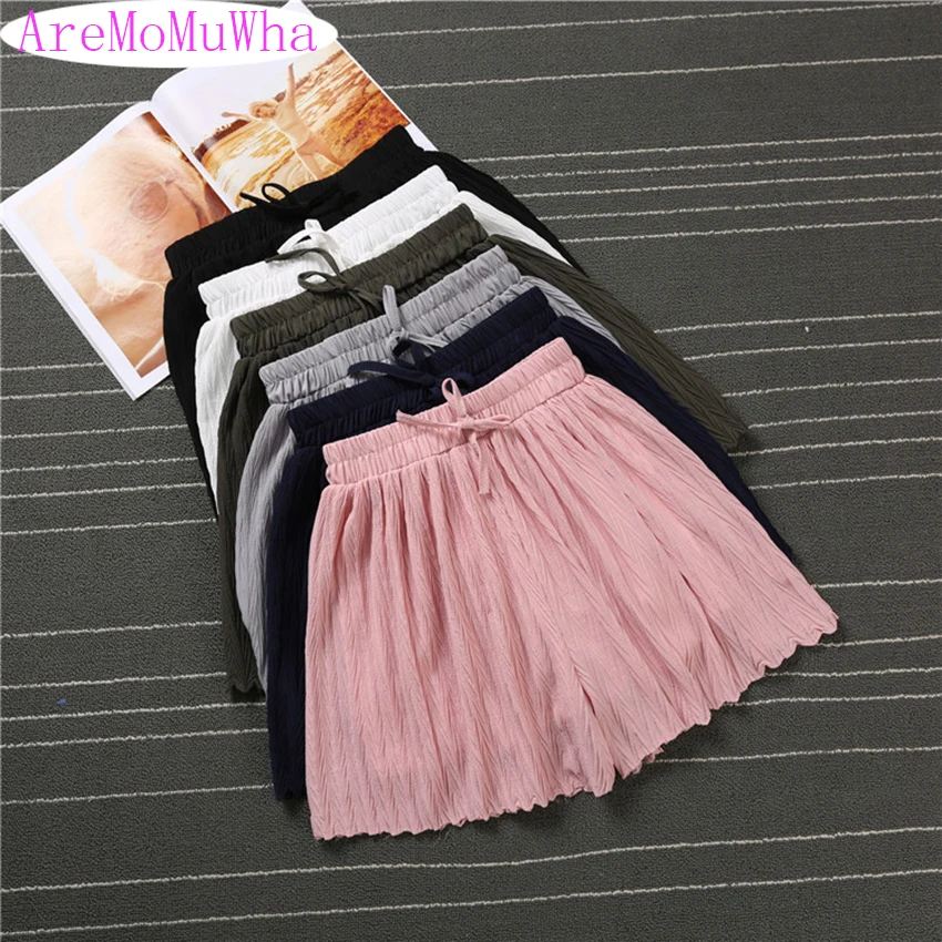 

AreMoMuWha New Summer High Waist Thin Chiffon Shorts Women Drawstring Elastic Wide Legs Shorts Solid Pleated Shorts Female Mh031