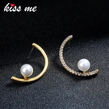 KISS ME Женские серьги с прозрачными фианитами корейский тренд Золотой Цвет Медь полукруг серьги-гвоздики имитация жемчуга ювелирные изделия
