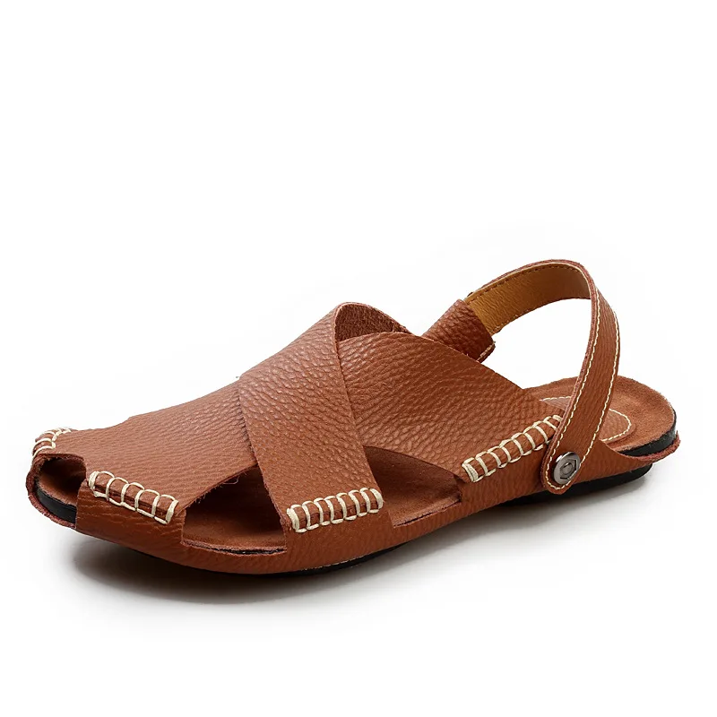 

New 2018 Fashion Summer Beach Slippers Hollow Breathable Cow Leather Slipper Men's Flats Men Genuine Leather Shoes White Sandals