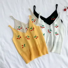 Knitted Tank Top 2019 New Summer Sweet Panya Cherry Embroidered Sexy Festival Crop Top Ins Hollow Short Women Crochet Top crochet panel ombre tank top