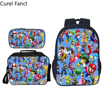 

New 3Pcs/set Printing Fashion Cartoon Spuer Mario Kids School Bags for Boys Shoulder Backpack Teenager Bookbag Children Satchel