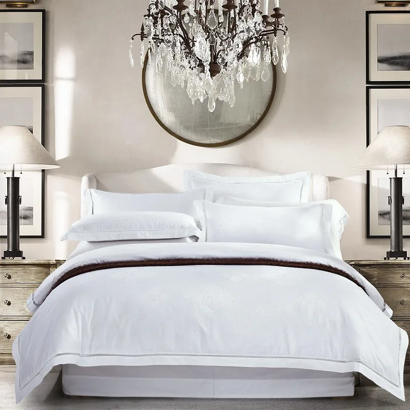 

40Pure white egyptian cotton satin jacquard bedding set King Queen size luxury hotel 4pcs bedsheet flat sheet duvet cover set