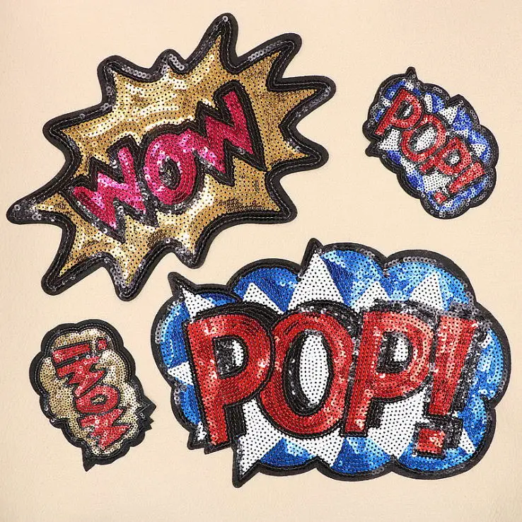

New arrival 5 pcs POP WOW big medium size sequins Embroidered patches iron sew on Motif Applique embroidery decor accessory