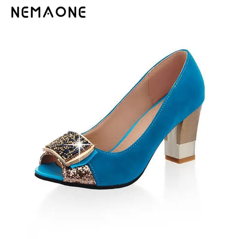 

NEMAONE Sweet Square heel Rhinestone Women Pumps Sexy Fashion High Heels peep toe Women Party Shoes