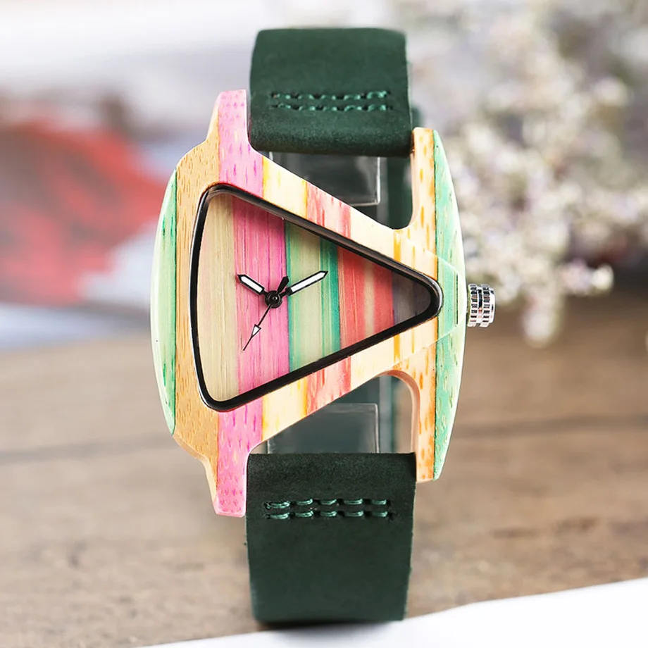 Творческие женщины Деревянные часы Уникальный красочный деревянный треугольник полые кварцевые наручные часы Женские элегантные часы с подарком из натуральной кожи