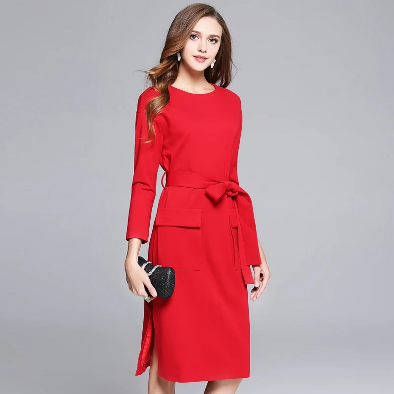 Red Autumn Dress Women 2018 Bow Long Sleeve Solid A-Line office Party Vestidos Robe Femme Casual Split Long Dress Elegant Dresses