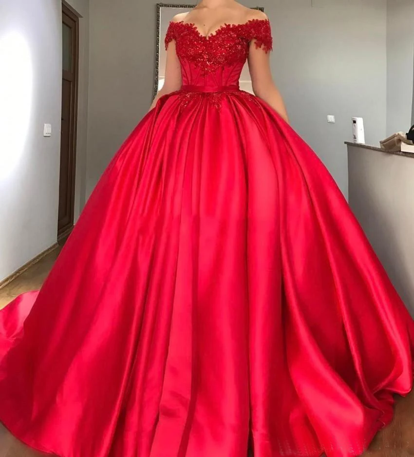 Satin Beaded Sequins Bateau cap  sleeve Ball Gown Big red fluffy dress  dress Pearls Open back Alencon lace