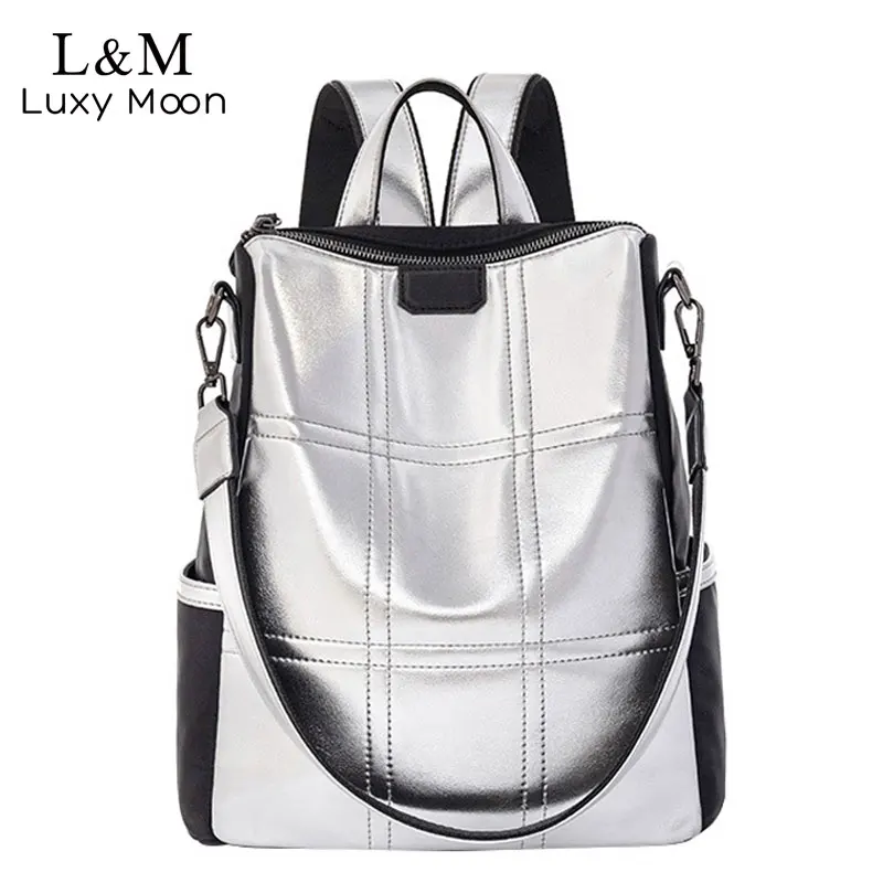 Beste Zilveren Lederen Tas Vrouwen Rugzak Patchwork Bagpack Elegante Dames Merk Koreaanse Anti Diefstal Rugzak mochila XA432H