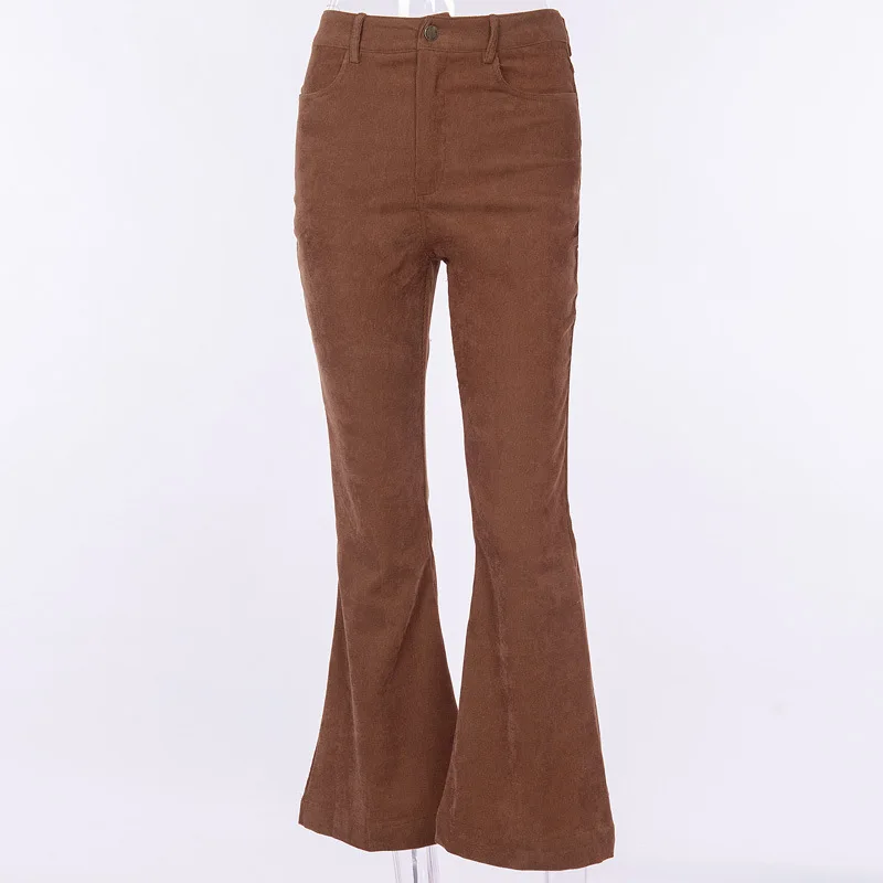 Эластичные вельветовые расклешенные брюки с высокой талией для женщин, повседневные уличные брюки, женские свободные летние узкие брюки с карманами на молнии - Цвет: Brown