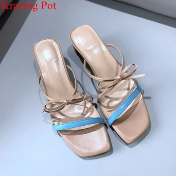 

Krazing Pot genuine leather high heels peep toe brand women sandals slingback butterfly-knot mules mixed color summer shoes L22