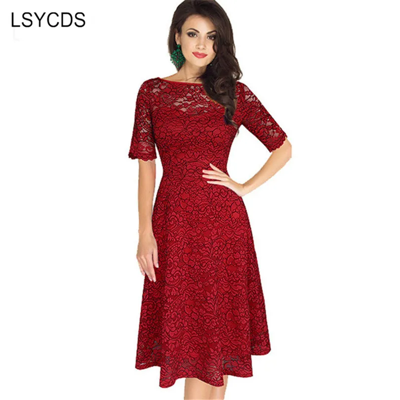 

2018 Women Summer Dress Short Sleeve O-Neck Solid Plus Size S-XXXL Vintage Vestido Ball Gown Tunic Bride A-Line Lace Dresses