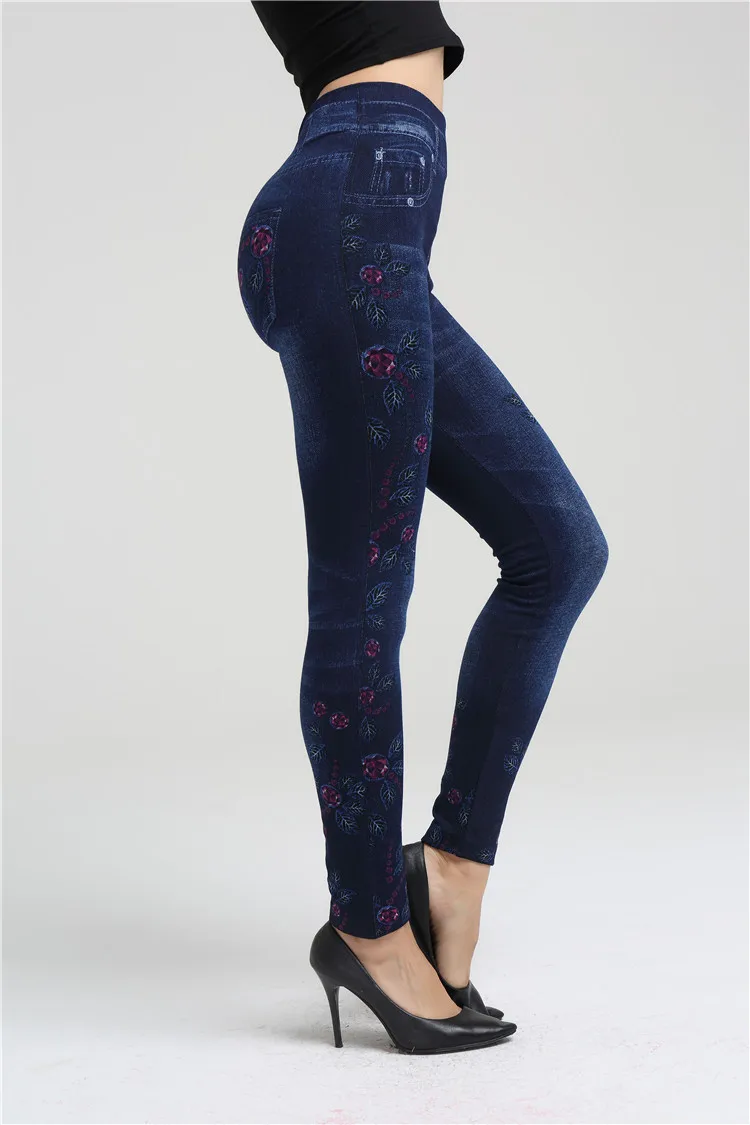 CHRLEISURE, женские джинсовые леггинсы с черными звездами, высокая эластичность, имитация джинсов, Модные узкие длинные штаны, брюки, леггинсы - Цвет: side flower