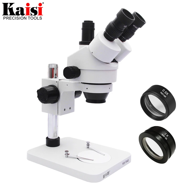 

New 7X-45X Magnification Table Pillar Stand Trinocular Stereo Zoom Microscope SZM2.0X SZM0.5X Lens for CPU BGA PCB phone repair