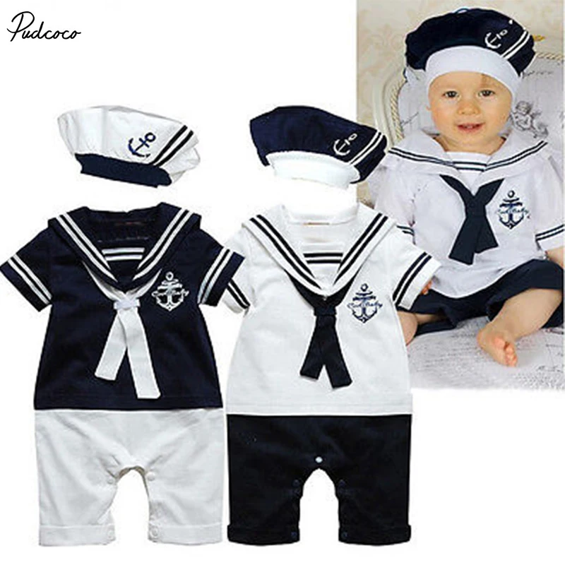 2017 NEW Baby Boy Girl Sailor Costume Suit Grow Outfit Romper Pants Clothes+HAT 0-24M