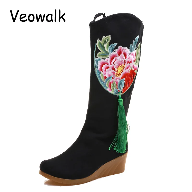 Veowalk Flowers Embroidered Tassel Women's Canvas Mid Boots Zip up Hidden Wedges Heel Ladies 30cm Tall Booties Botas Mujer Black Veowalk Flowers Embroidered Tassel Women's Canvas Mid Boots Zip up Hidden Wedges Heel Ladies 30cm Tall Booties Botas Mujer Black