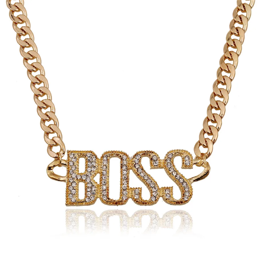 

Punk Rhinestone Crystal Boss Pendant Necklace Long Chain Letter Alphabet Necklaces Choker for Men Jewelry Fashion