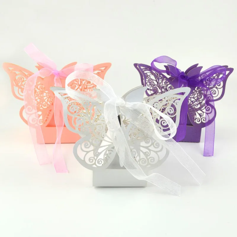 

100pcs Laser Cut White Butterfly Wedding Box Candy Box in Pearl Paper Box,Baby Party Shower Box with Ribbon