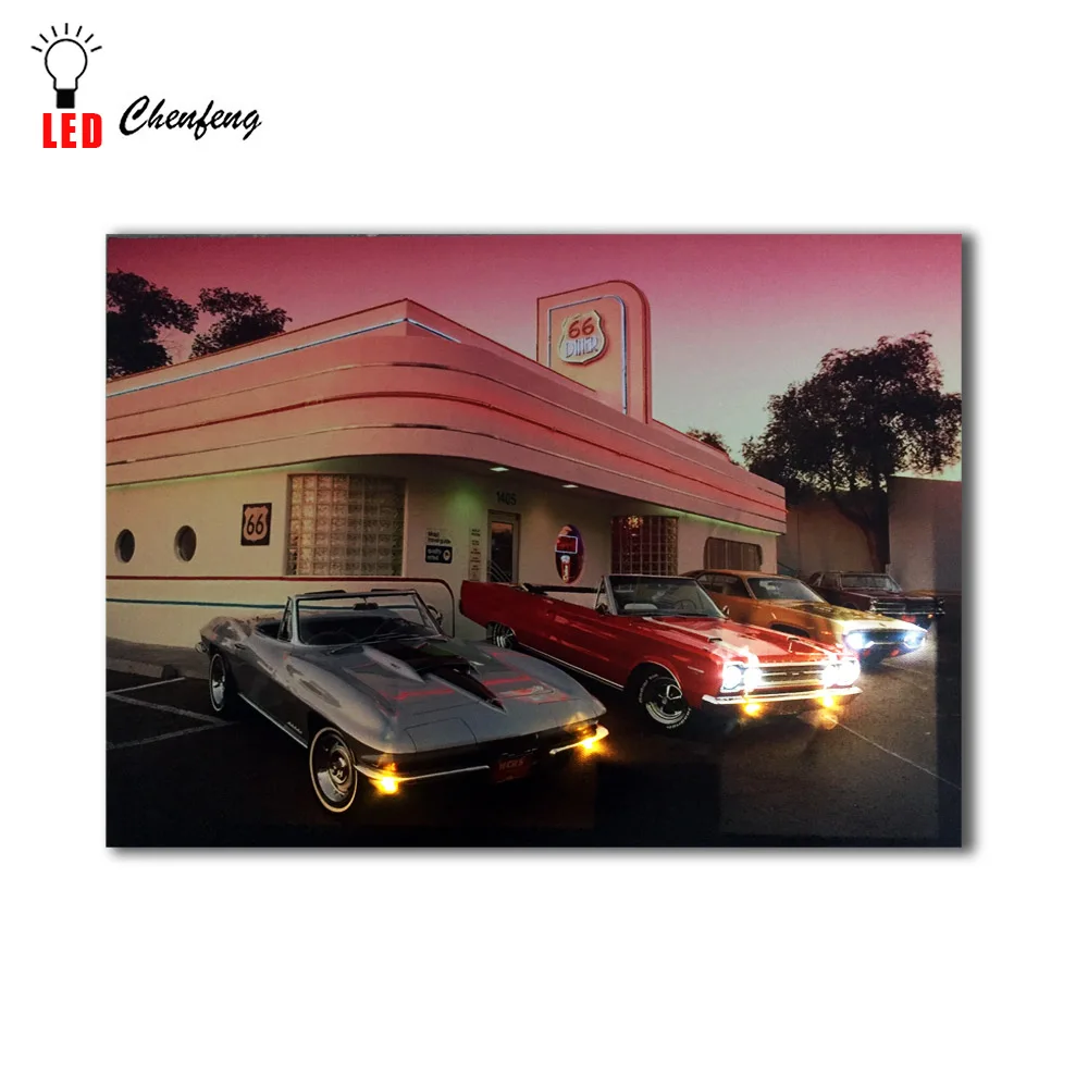 Retro Car Auto With Vintage Cars On Road Wall Picture Light Up Led Canvas Print Art Framed