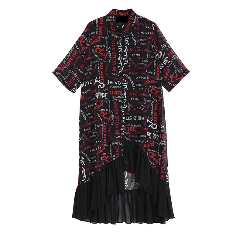 XITAO Сетчатое шифоновое летнее платье с буквенным принтом, женское повседневное лоскутное платье с отложным воротником и асимметричными пуговицами, летнее платье WBB3087