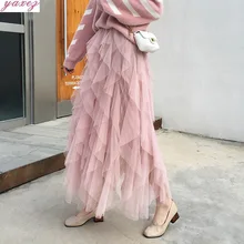 Женская модель s, асимметричная длинная однотонная сетчатая юбка с высокой талией, розовая Осенняя юбка-пачка из тюля, макси женские летние юбки