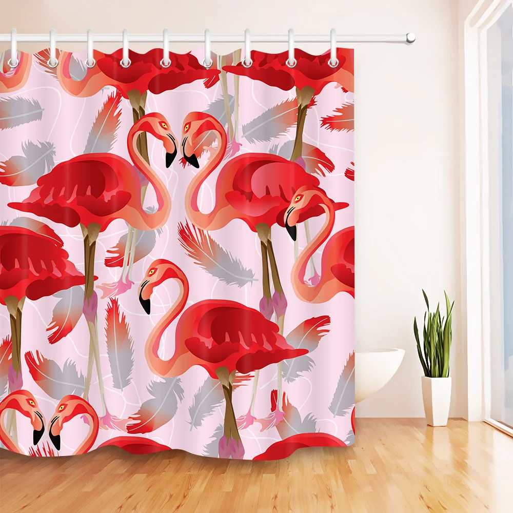 

LB High Quality Red Pink Flamingo Tropical Animal Shower Curtain Waterproof Polyester Washable Bath Curtains for Bath Tub Decor
