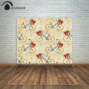 

Allenjoy romantic backdrop wedding photocall Valentine's Day background vintage newspaper style bicycles flowers wooden floor