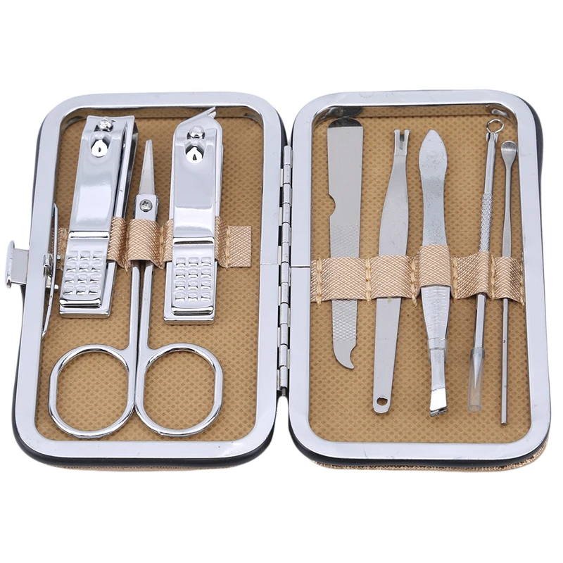 8PCS/Set Stainless Steel Kit Nail Pedicure Manicure Set Art Care Scissor Tweezer Ear Pick Clipper Acne Needle Tool Utility - Цвет: Champagne