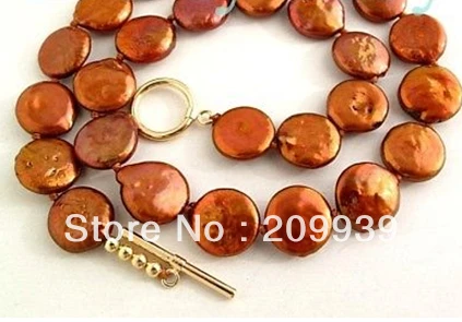 

huij 002894 14mm Brown Coin Freshwater Pearl Necklace 14K GP