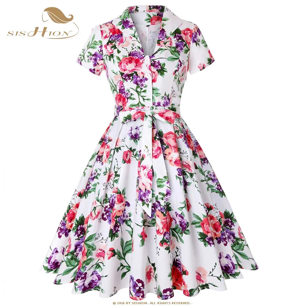 

SISHION Cotton White with Blue Red Flower Floral Dress Women Ladies Summer Party Plus Size Pin Up Retro Vintage Dress SD0002