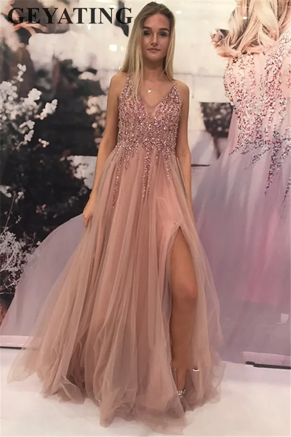 Aliexpress com Buy  Sexy High Slit Pink Tulle Prom  Dress  