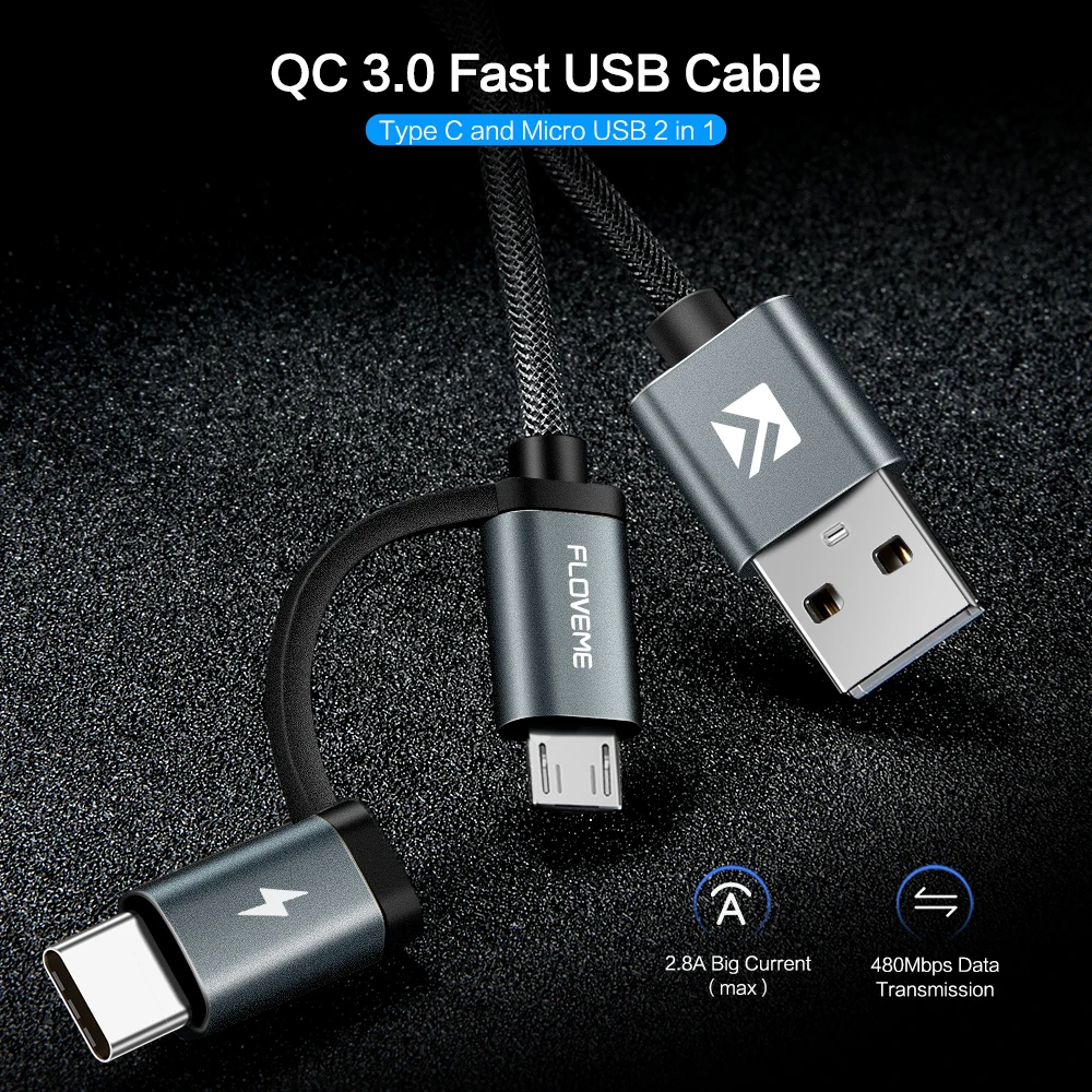 FLOVEME QC 3,0 USB кабель для samsung A50 S9 Note 10 2 в 1 быстрая зарядка USB кабель для huawei P30 P20 Lite для Xiaomi Note 3 5 Pro