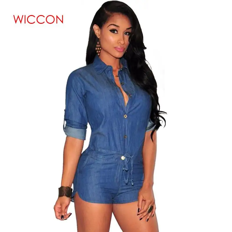 

2019 Spring Wear Women Plus Size Summer Denim Jumpsuit Shorts T-shirt Short Overall Casual Jeans Romper Solid Button Blue Color