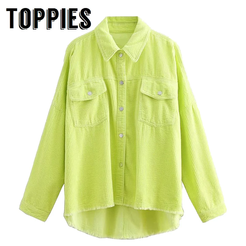 wonderful  2020 Spring Women Green Color Corduroy Jacket Loose Single Breasted Coat Fashion Button Down Tassel