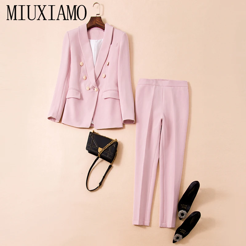 

MIUXIMAO Fall Winter 2019 Runway Designer Blazer Jacket Women's Lion Gold Buttons Double Breasted Pink Overcoat Suit vestido