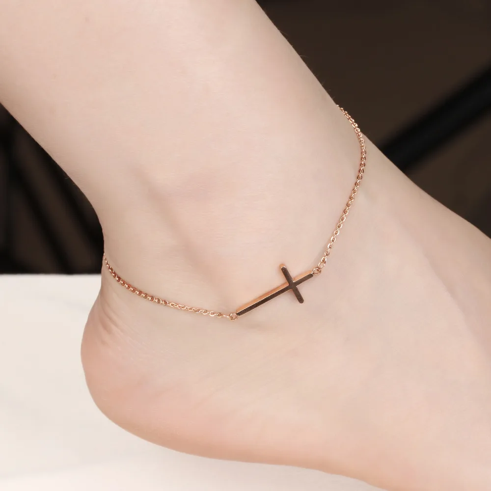 Fashion Jewelry Gift 316L Stainless Steel Rose Gold Cross Design Anklet or Bracelet Women Gift