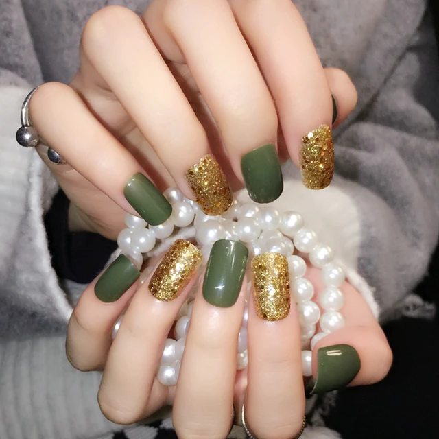 Uv Style Press On Nails Gold Glitter Acrylic Full Cover False Uv Style Press On Nails Gold Glitter Acrylic Full Cover False Green Artificial 24pcs