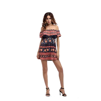 

2019 Sexy Ruffles Bohemia Style Women Summer Off Shoulder Sleeveless Falbala Short Dress Print Beach Mini Dress