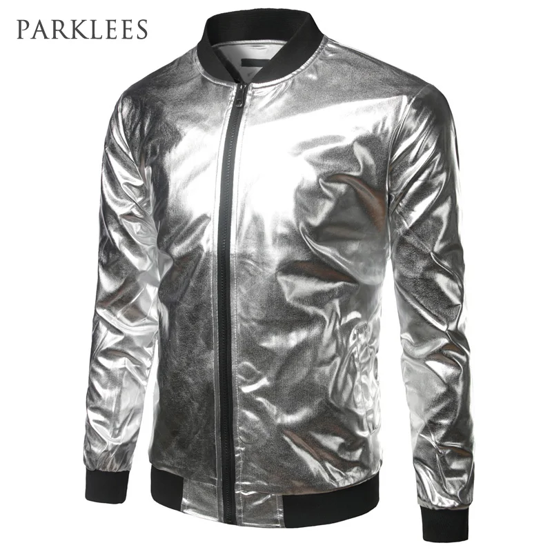 Серебристая металлическая мужская куртка-бомбер с воротником-стойкой, блестящий бейсбольный бомбер для ночного клуба, мужская повседневная приталенная куртка - Цвет: Silver